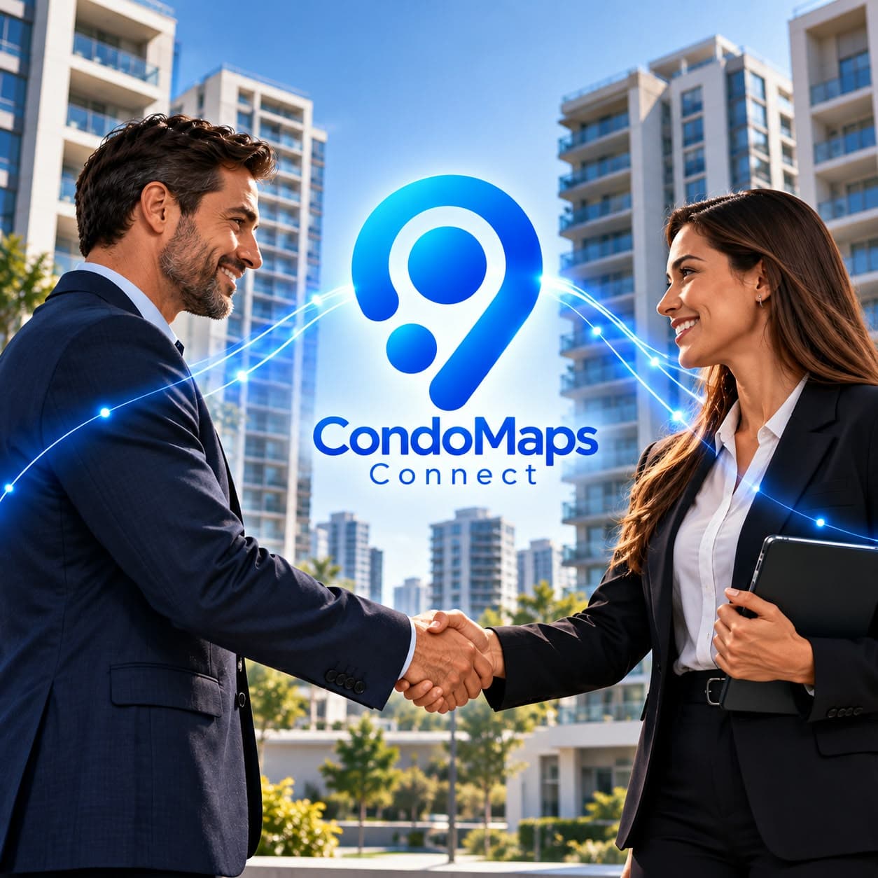Dois profissionais se cumprimentando diante de prédios, com o símbolo do CondoMaps Connect